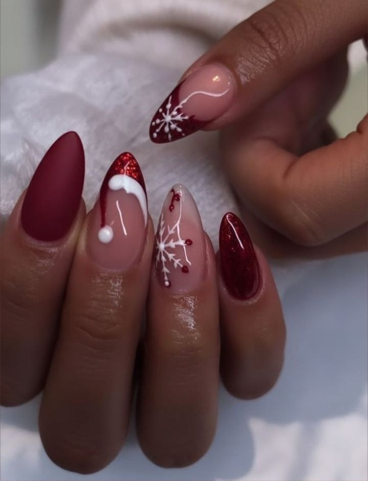 Burgundy French Snowflake Nails