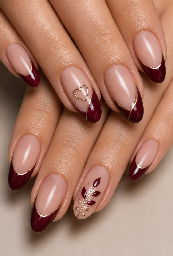 Burgundy French Tip Almond Nails