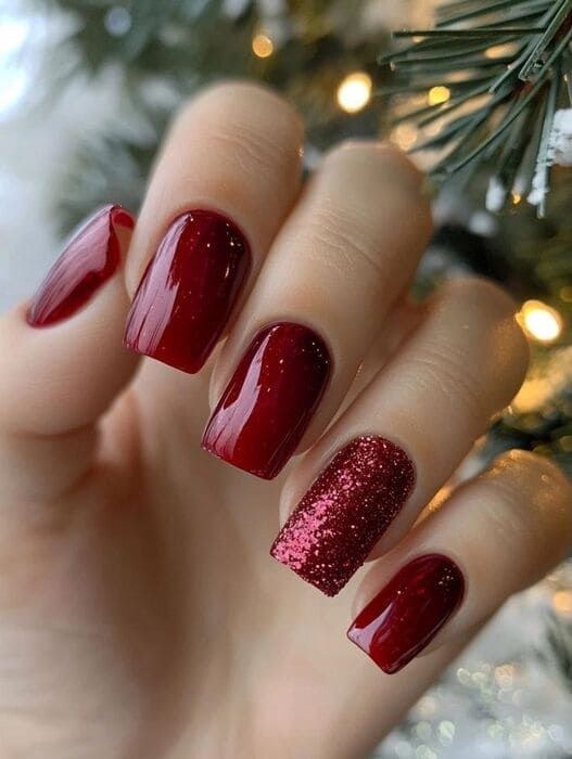 Burgundy Glitter Accent Nails