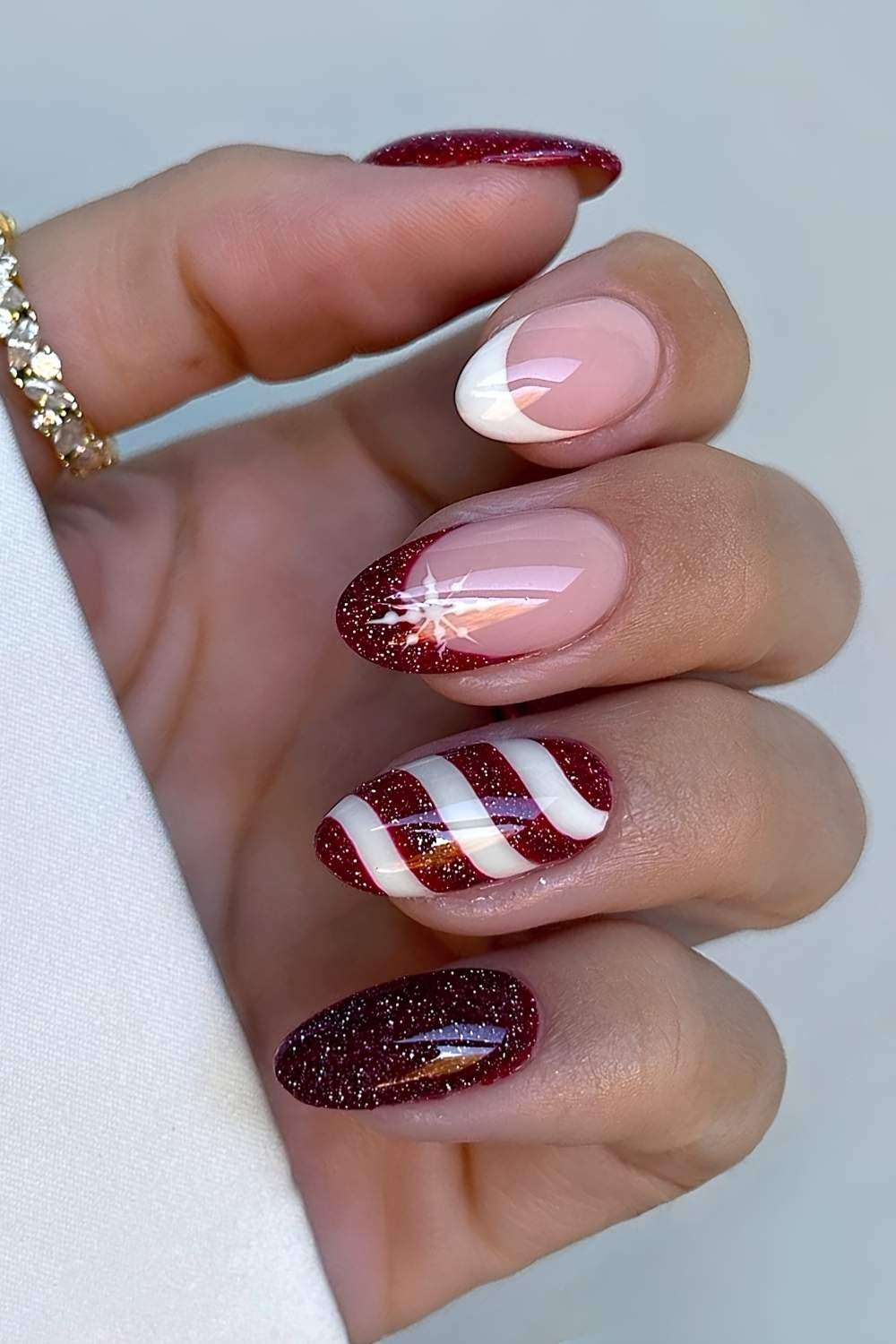 Burgundy Glitter Stripe Snowflake Nails