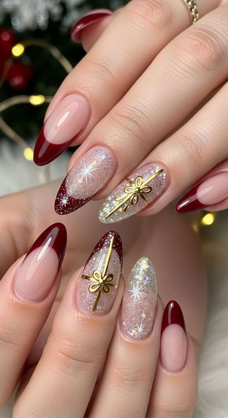 Burgundy Gold Bow Christmas Nails