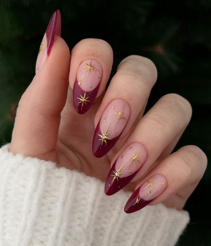 Burgundy Gold Star French Nails