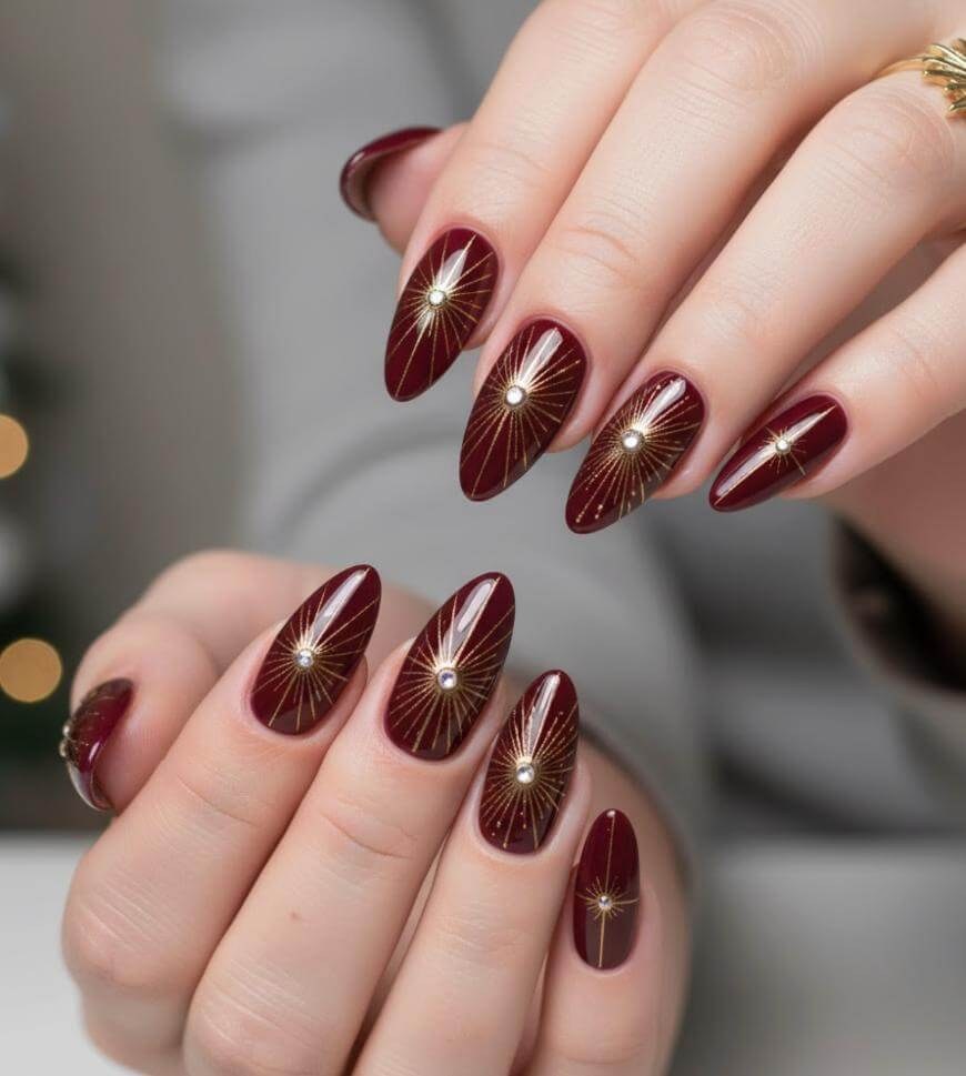 Burgundy Gold Starburst Nails