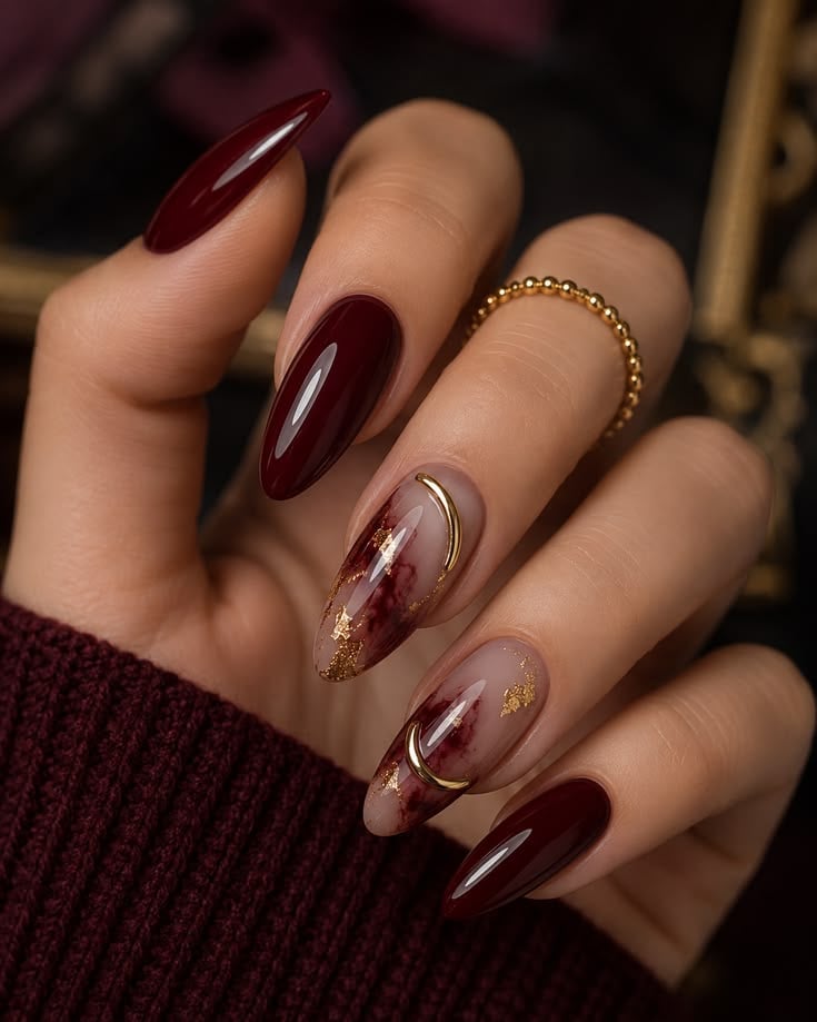 Burgundy Luxe Marble Nails