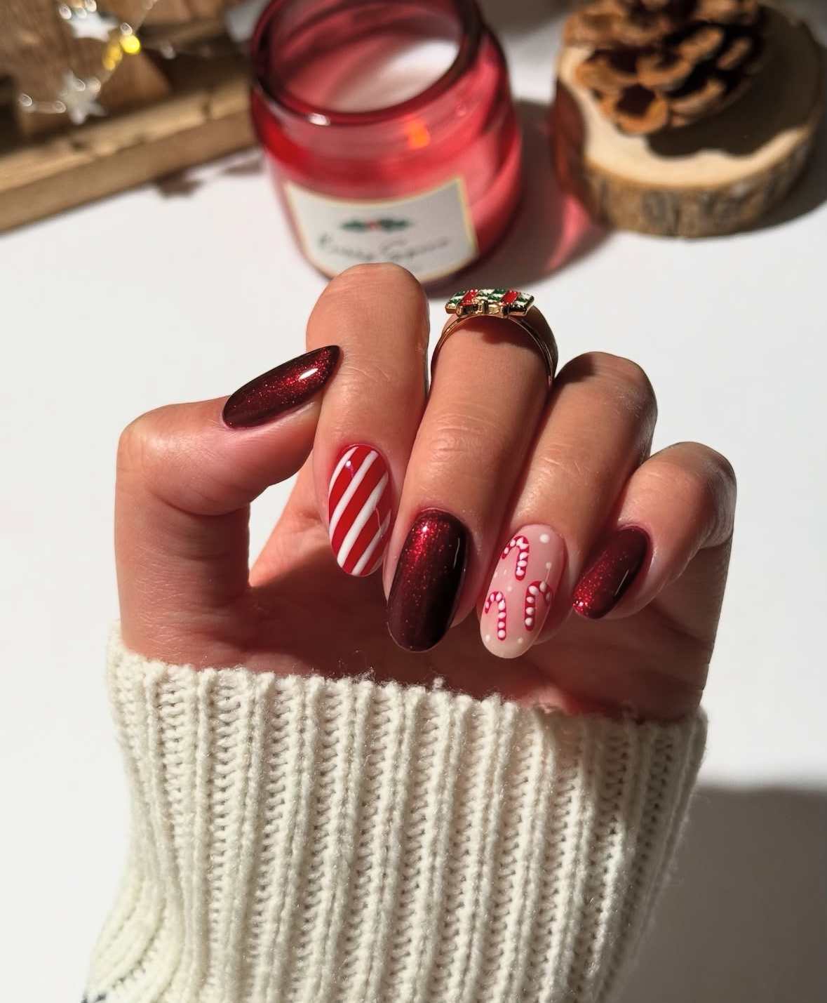 Burgundy Metallic Stripe Dotted Nails