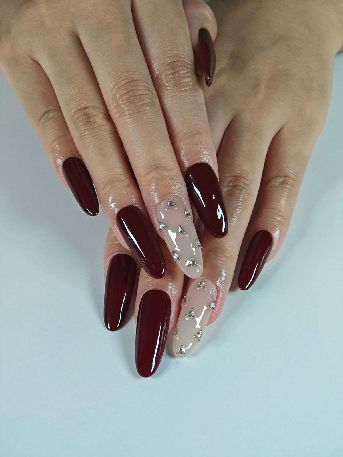 Burgundy Nude Rhinestone Nails