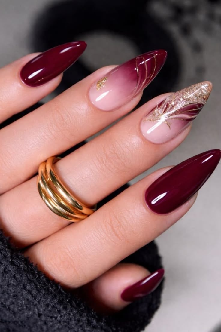 Burgundy Ombre & Gold Glitter Floral Nails