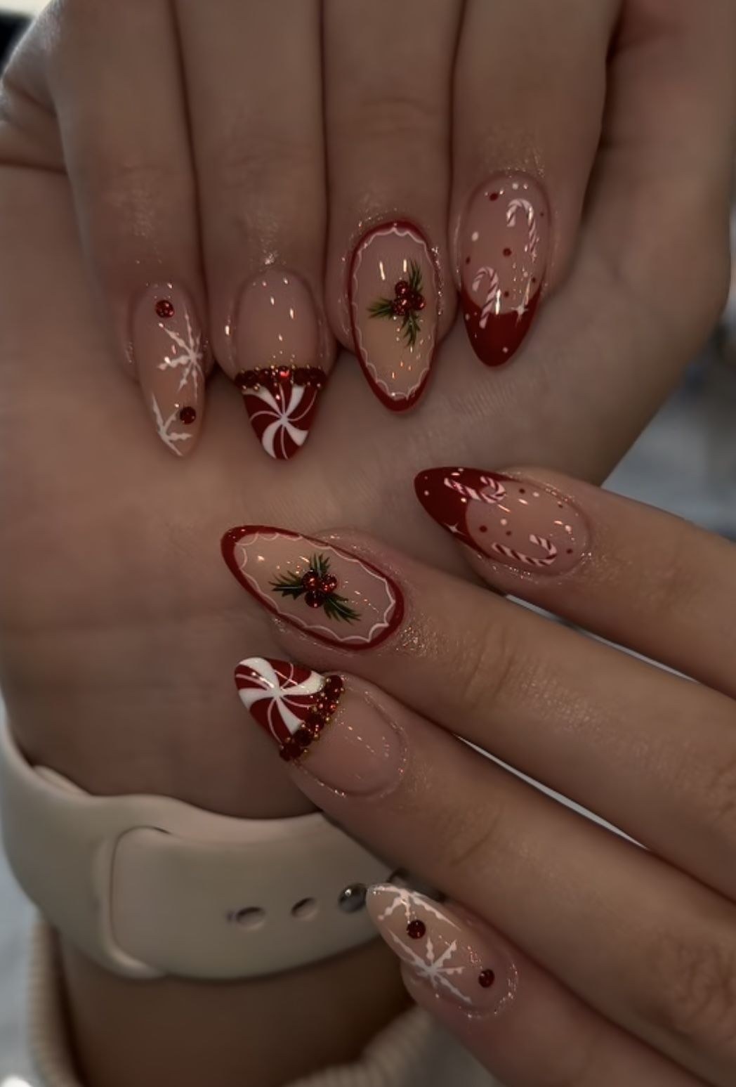 Burgundy Peppermint Holly Nails