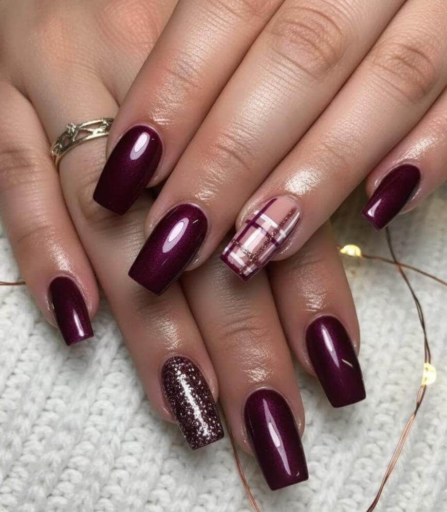 Burgundy Plaid Accent Nails