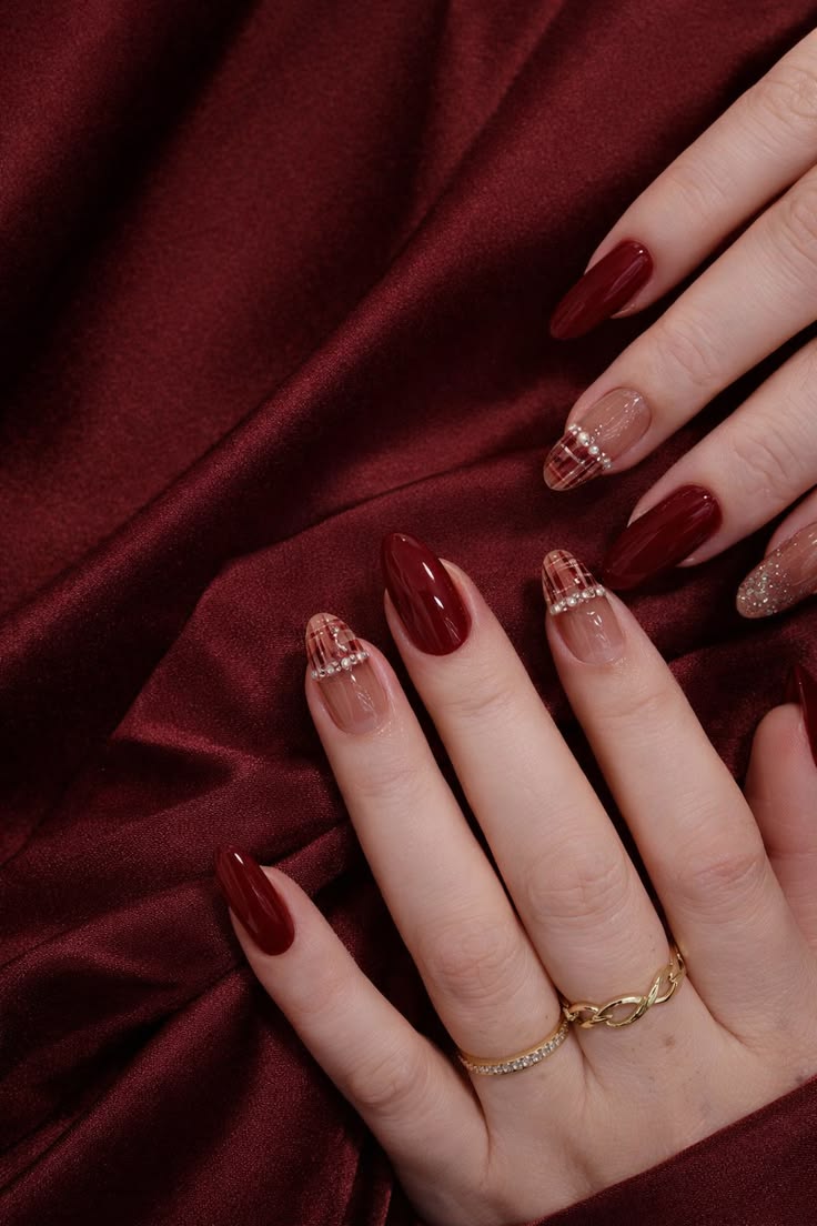 Burgundy Plaid Nails
