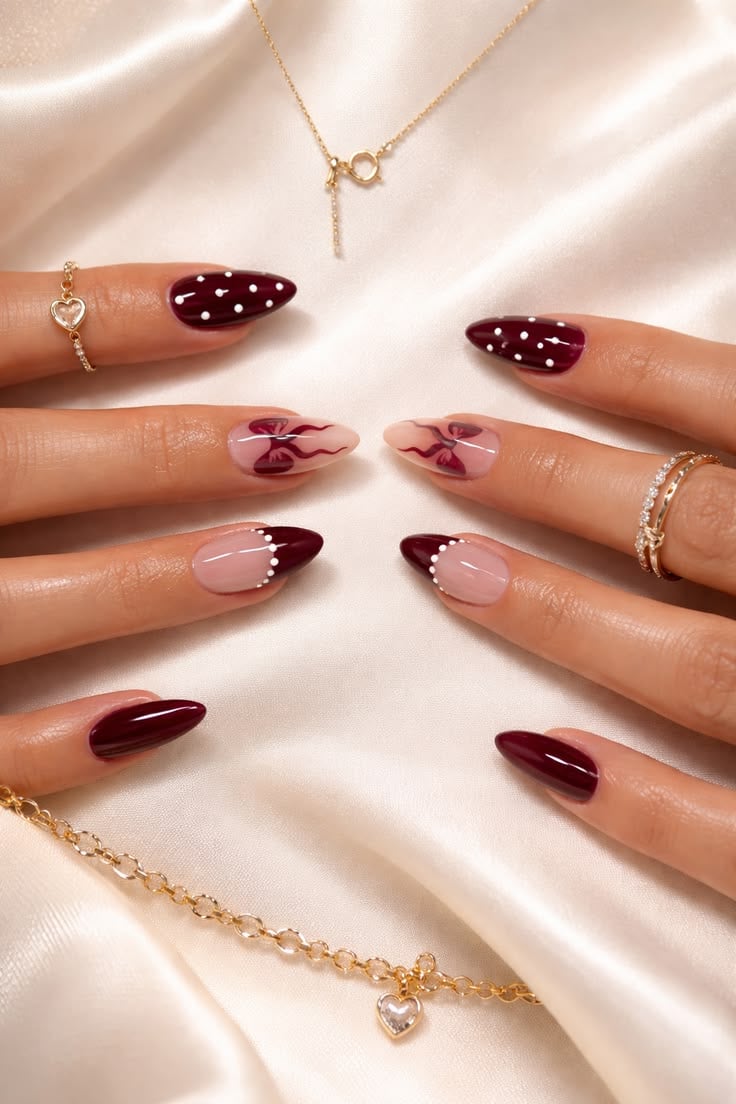 Burgundy Polka Dot Nail Design