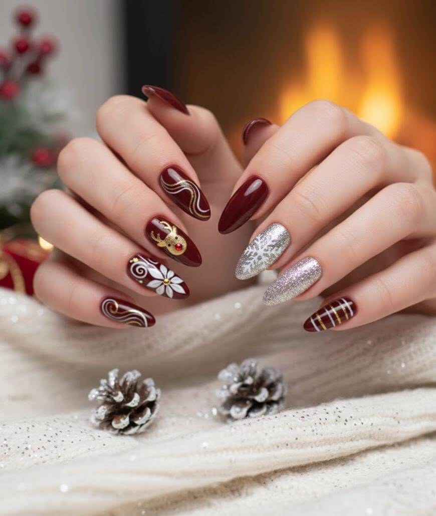 Burgundy Reindeer Festive Nails
