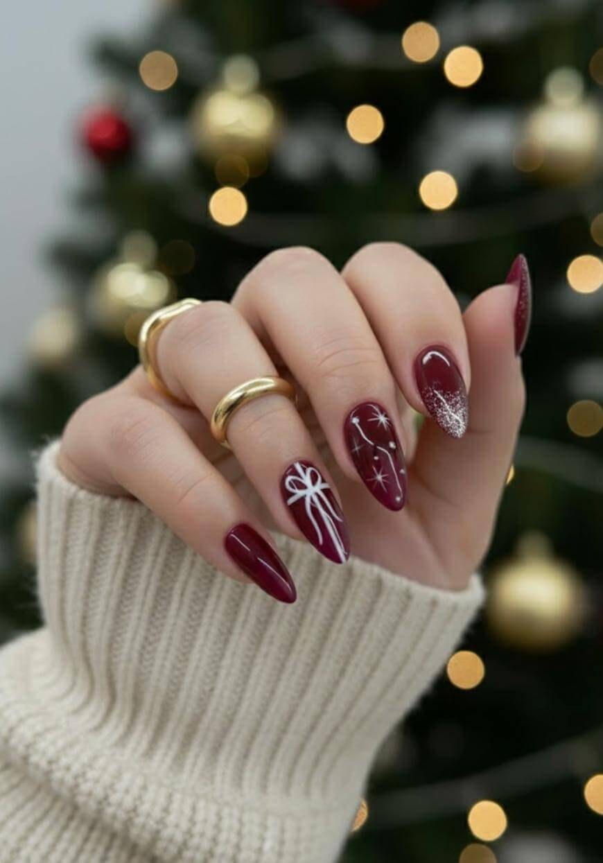 Burgundy Ribbon Bow Nails