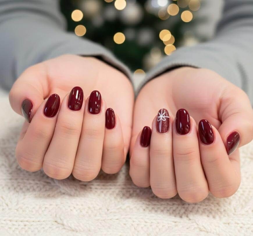 Burgundy Silver Bow Nails