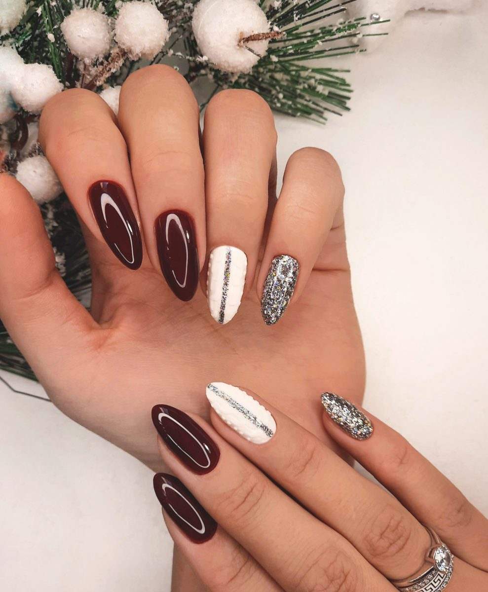 Burgundy Silver Glam Nails