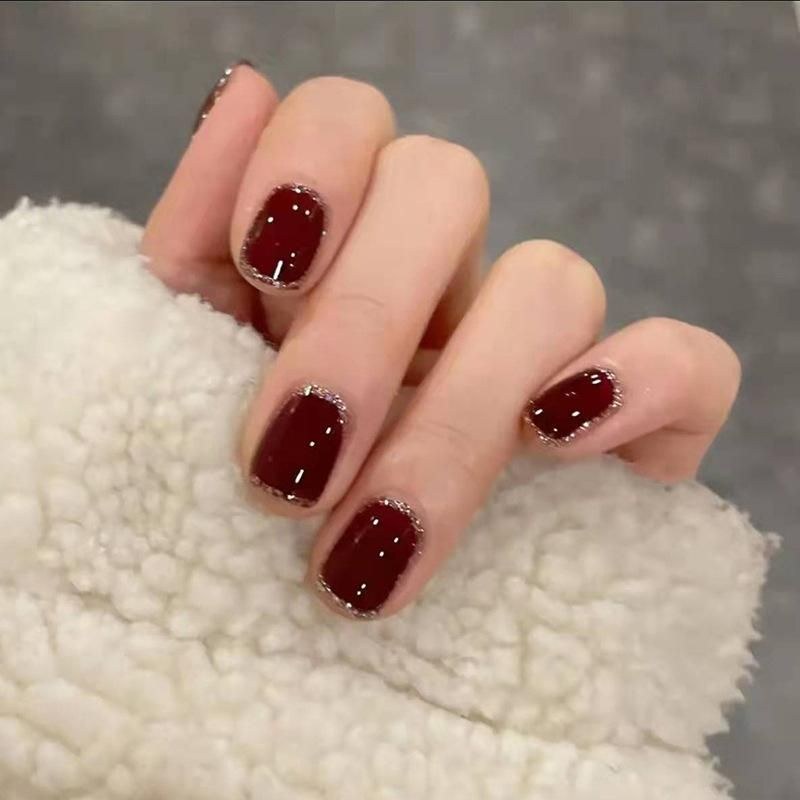 Burgundy Silver Outline Nails