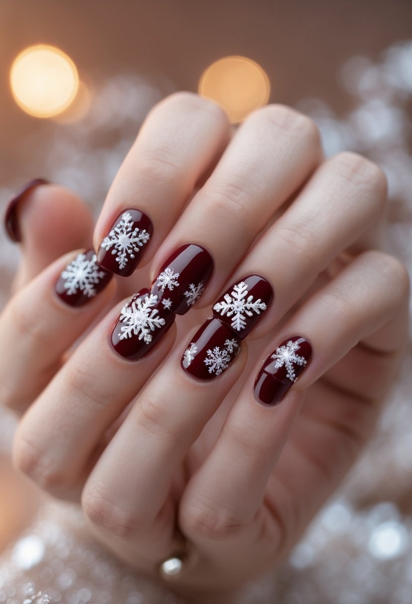 Burgundy Silver Snowflake Square Nails
