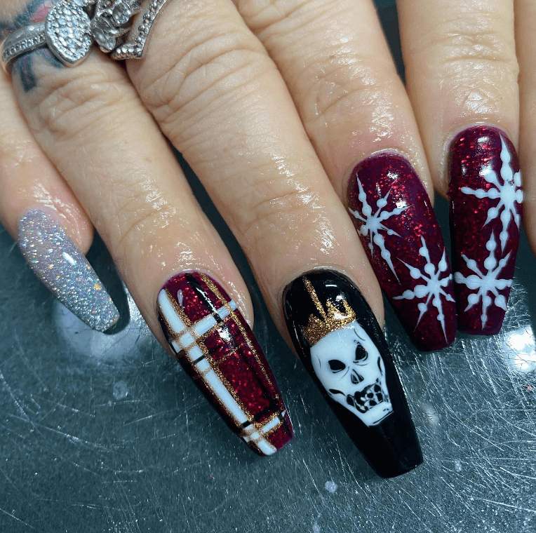 Burgundy Skull Snowflake Plaid Goth Nails