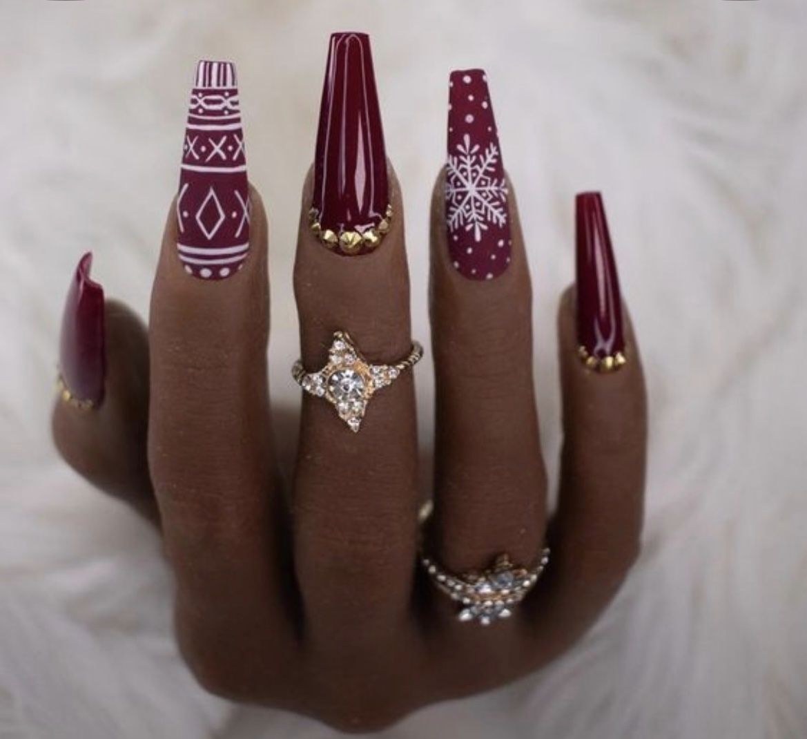 Burgundy Snowflake Coffin Nails