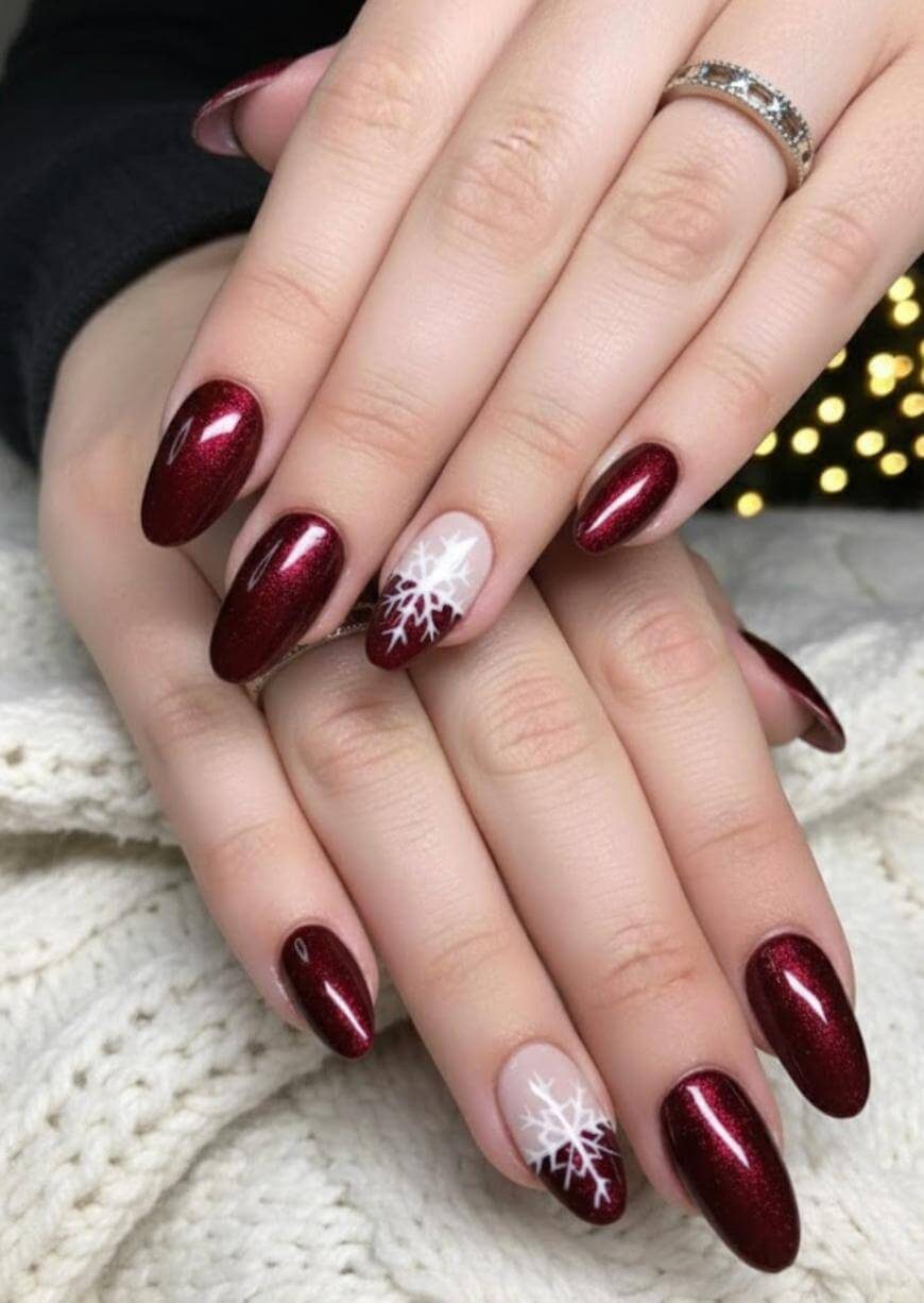 Burgundy Snowflake Nails