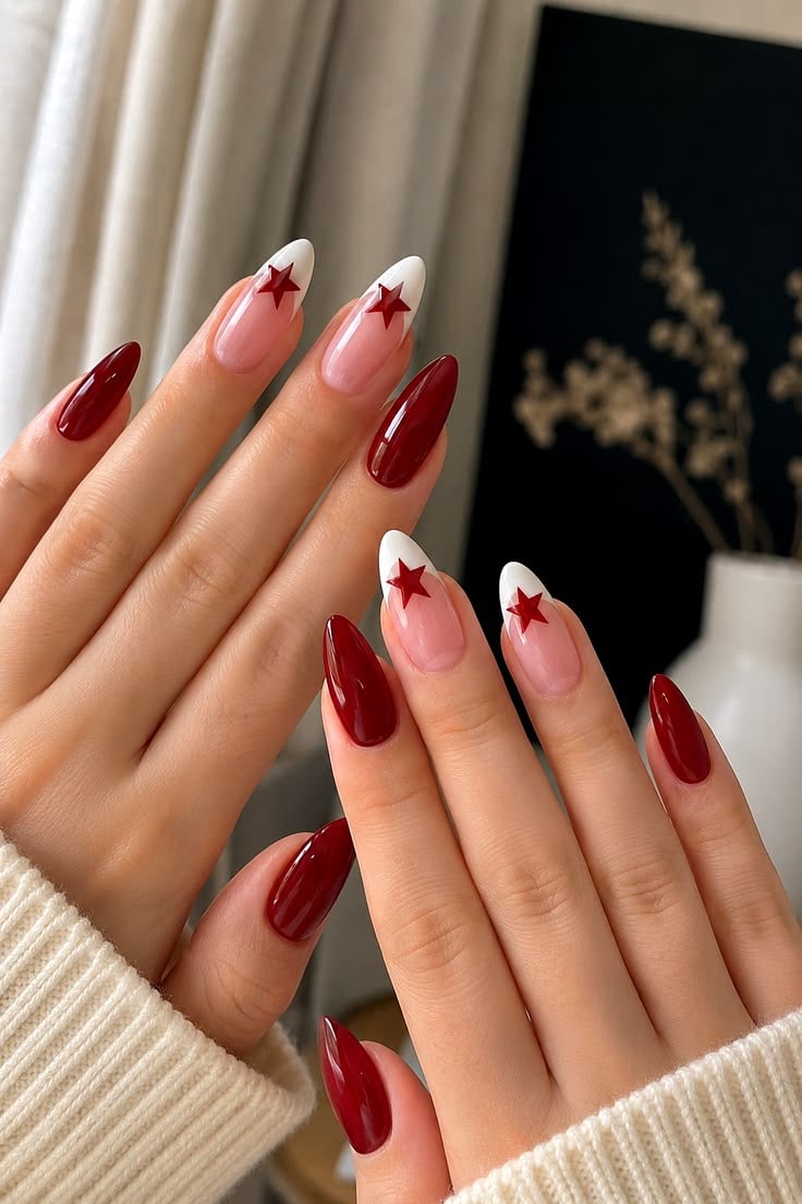 Burgundy Star French Tip Nails