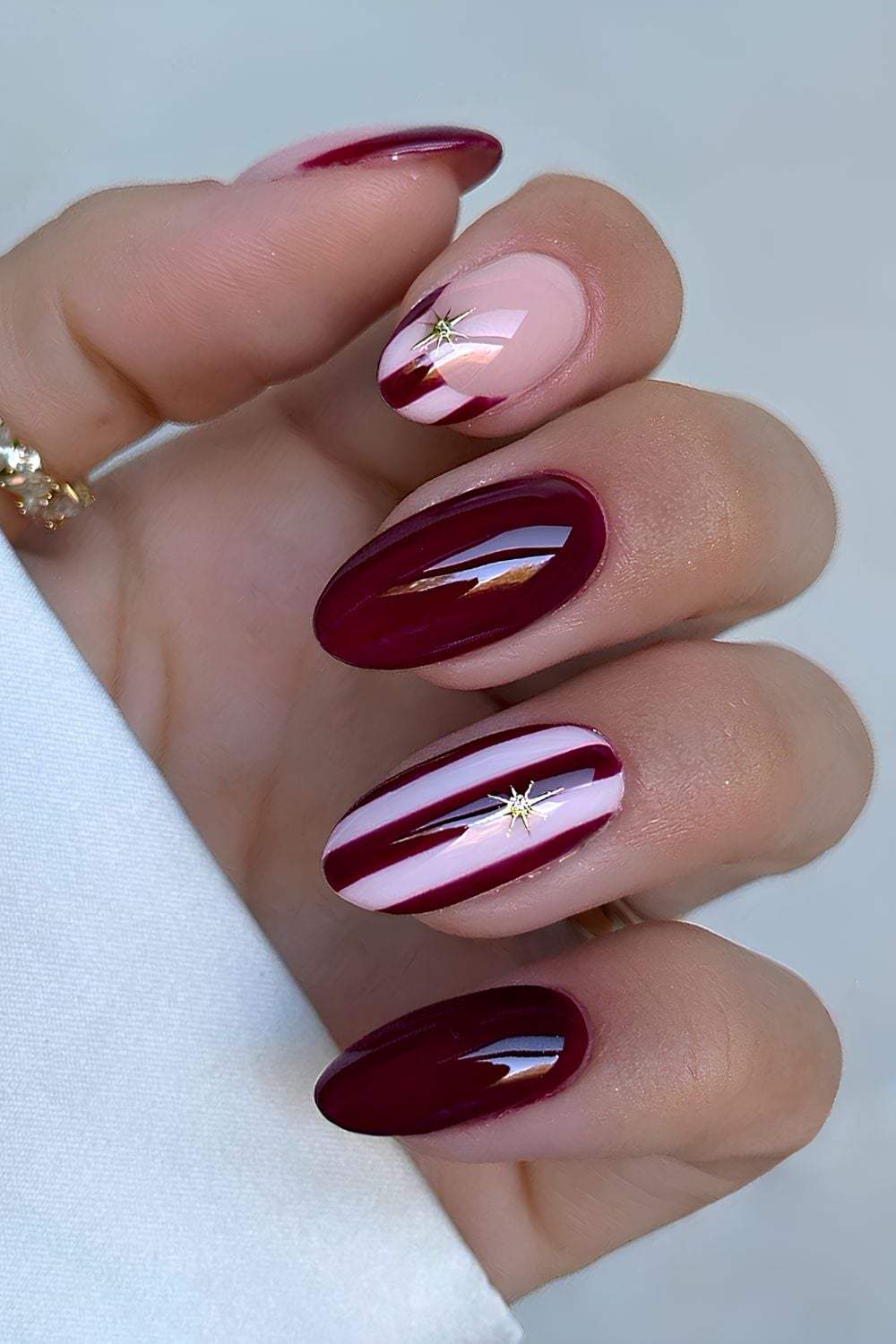 Burgundy Stripe Accent Christmas Nails