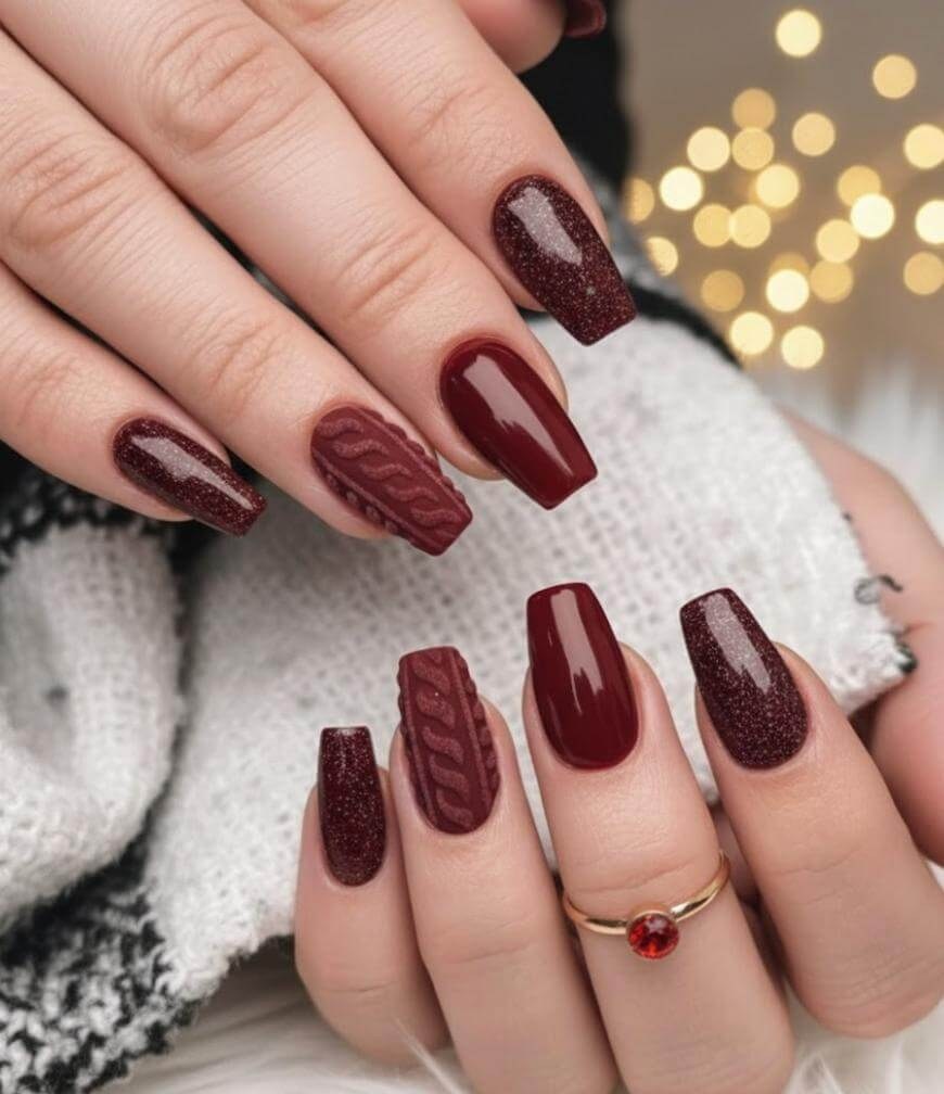 Burgundy Sweater Glitter Nails