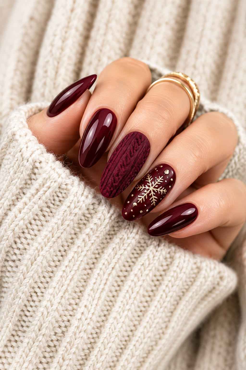 Burgundy Sweater Snowflake Nails