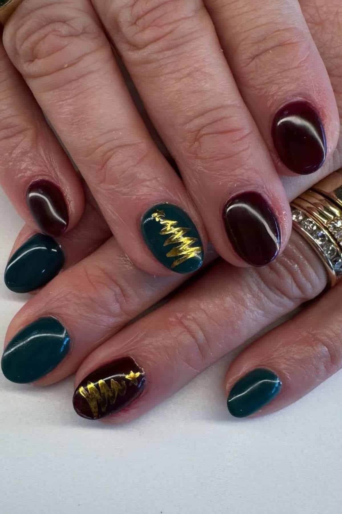 Burgundy Teal Gold Zigzag Tree Nails