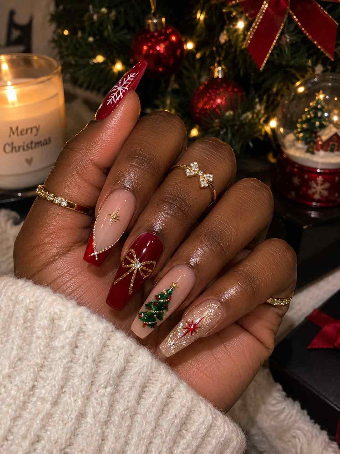 Burgundy Tree Bow Nails