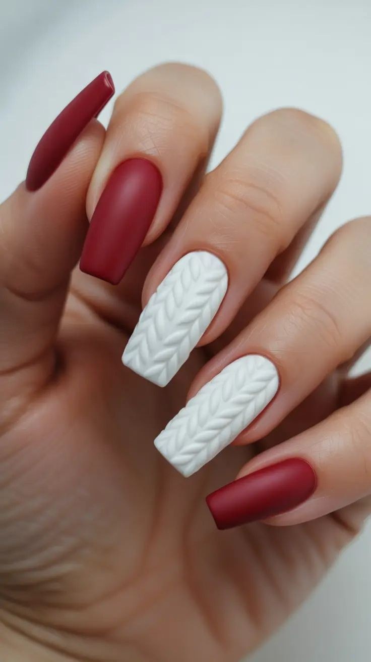 Burgundy White Cable Knit Sweater Nails