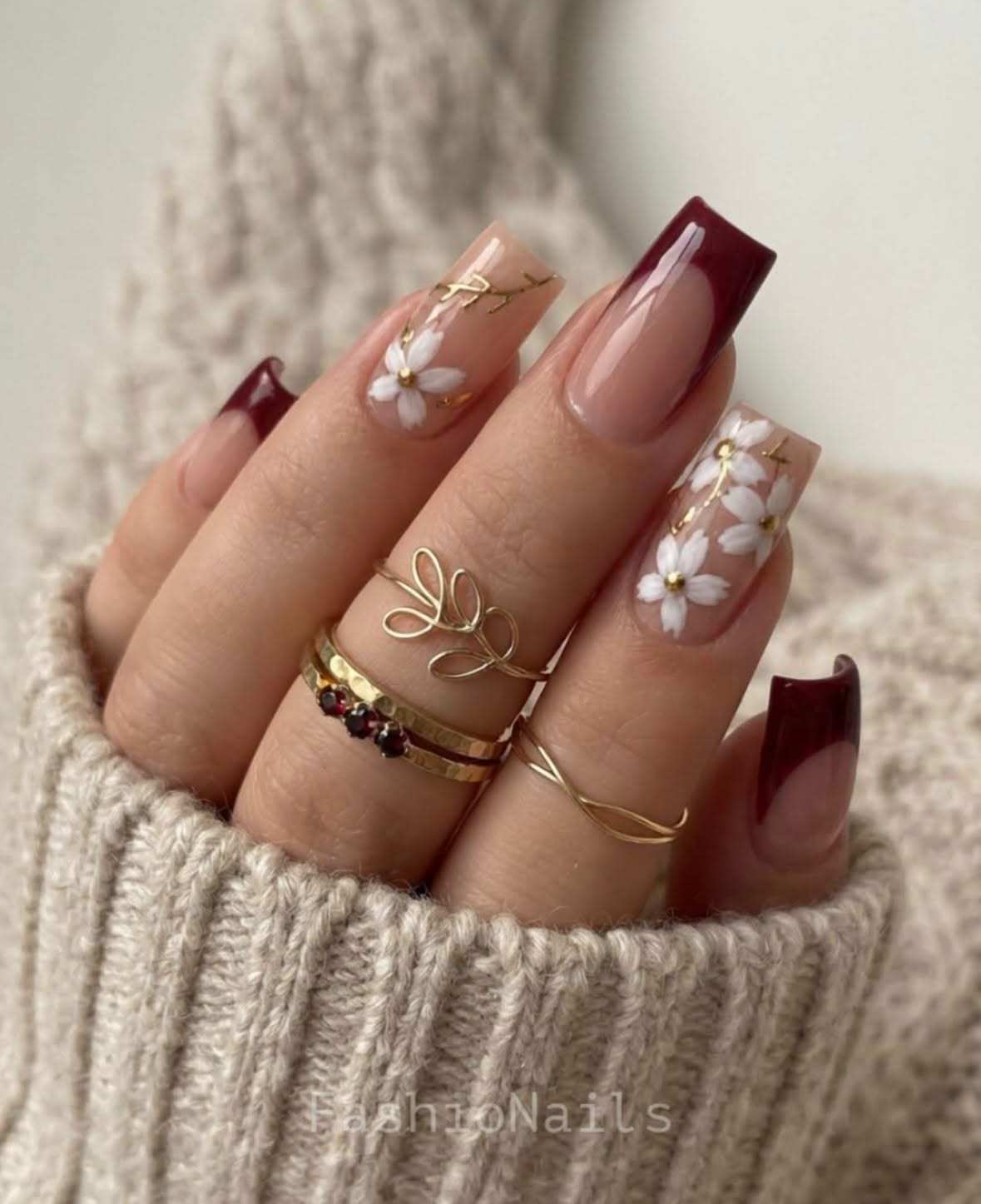 Burgundy Wine Red French Tip Floral Fall Nails