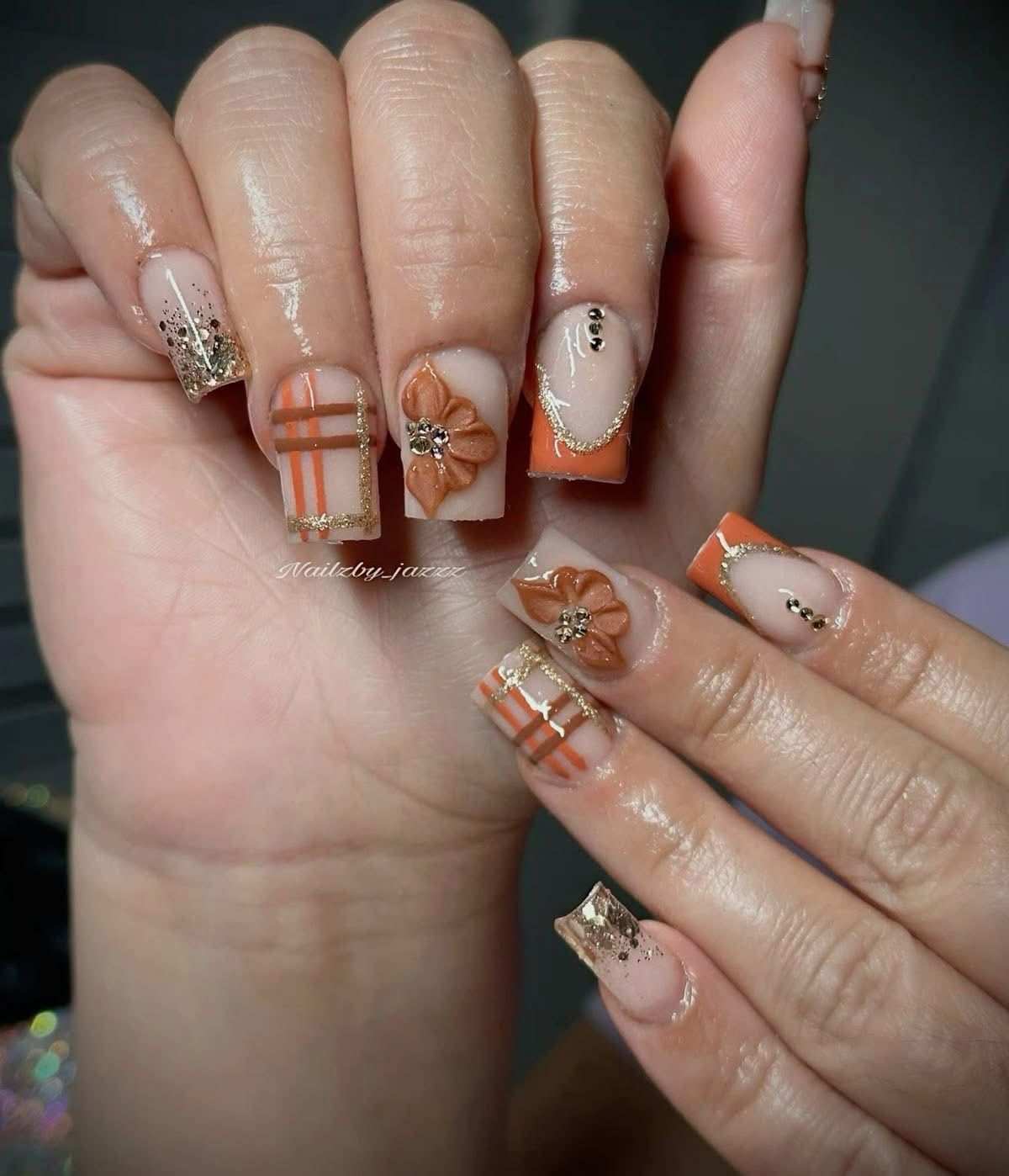 Burnt Orange 3d Flower And Plaid Fall Nails
