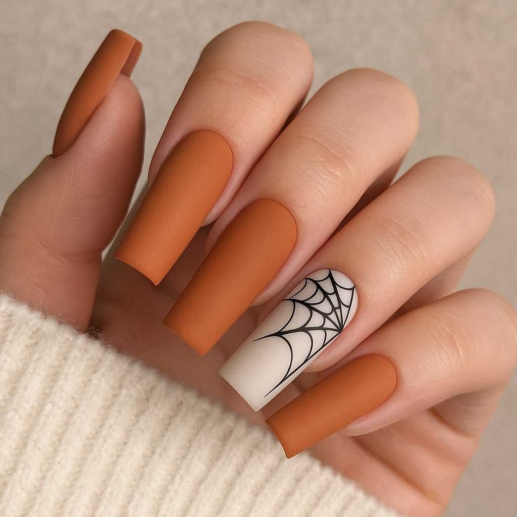 Burnt Orange Matte Spiderweb Coffin Nails