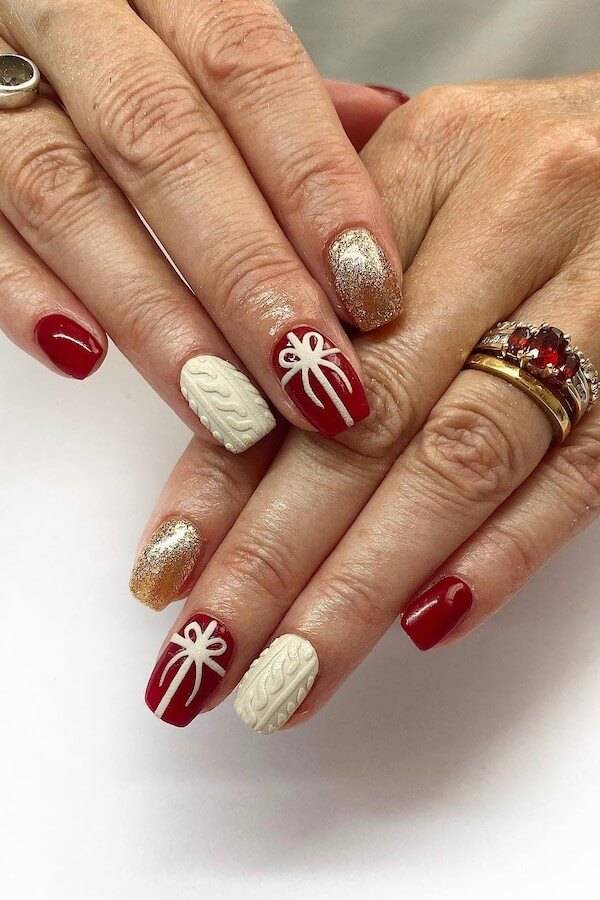 Cable Knit Bow Gold Short Nails