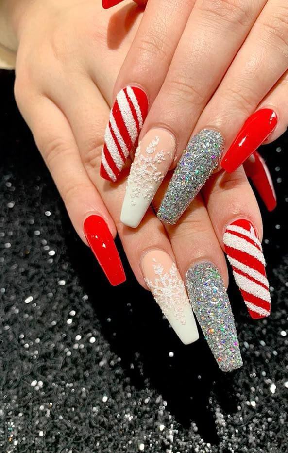 Candy Cane Glitter Long Christmas Nails