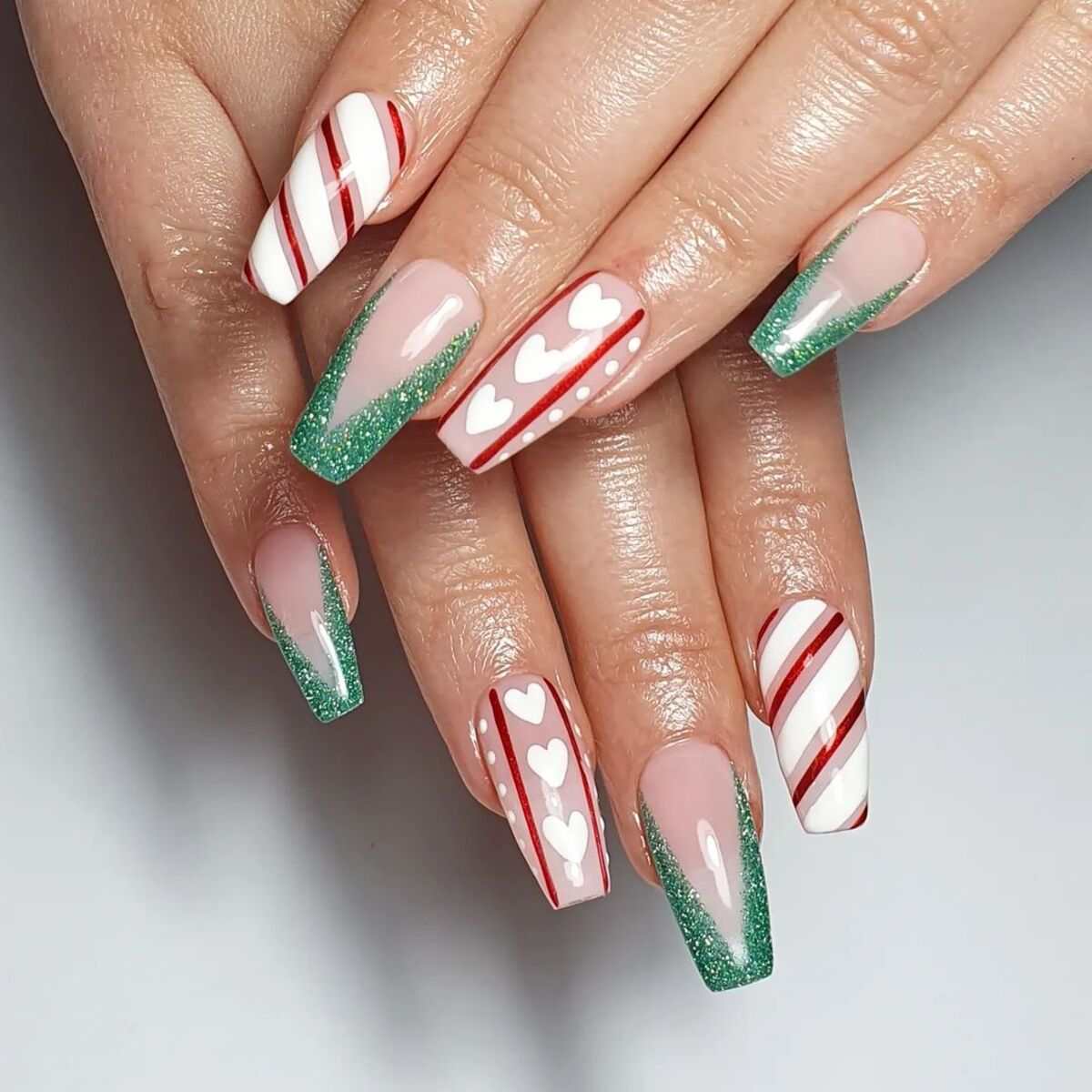 Candy Cane Green Glitter Coffin Nails