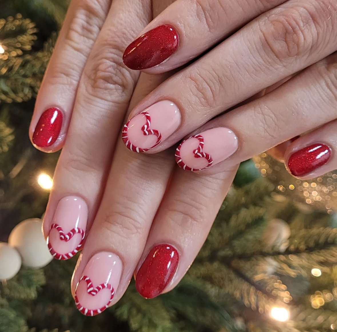Candy Cane Heart Outline Nails