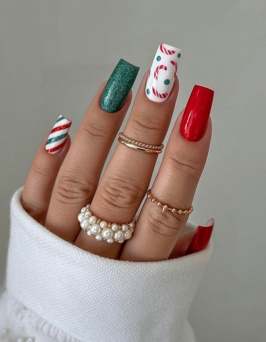Candy Cane Red Green Square Nails