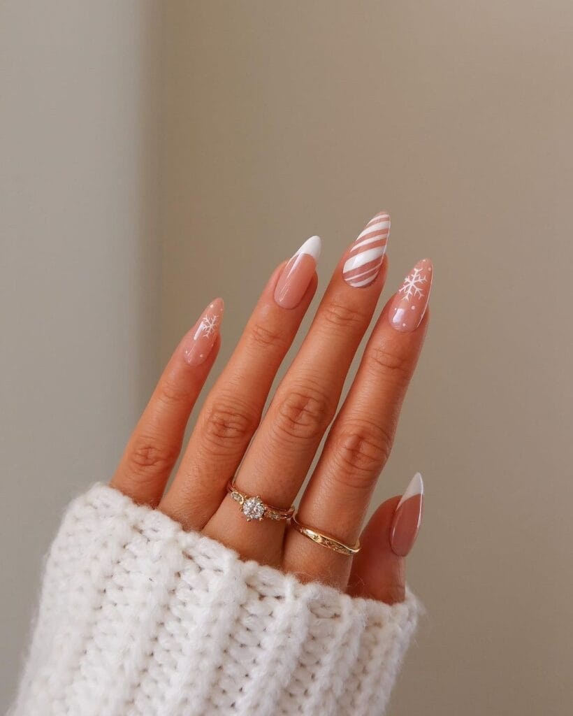 Candy Cane Snowflake Almond Nails
