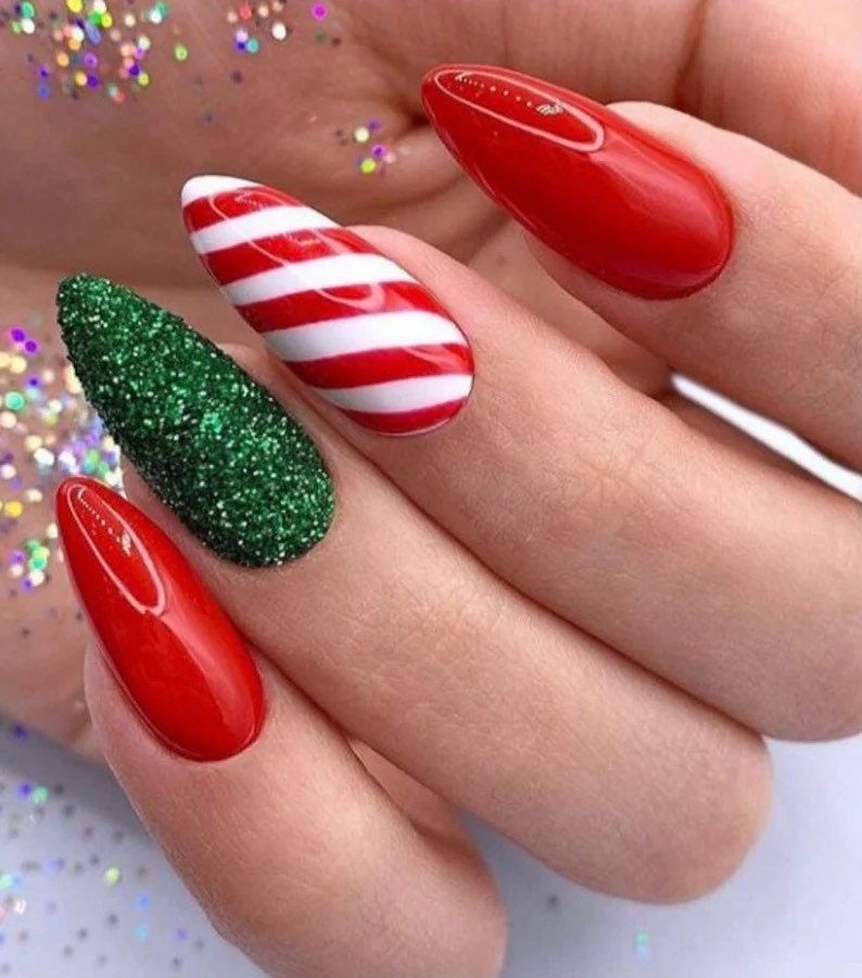 Candy Cane Stripes And Green Sugar Glitter Christmas Nails