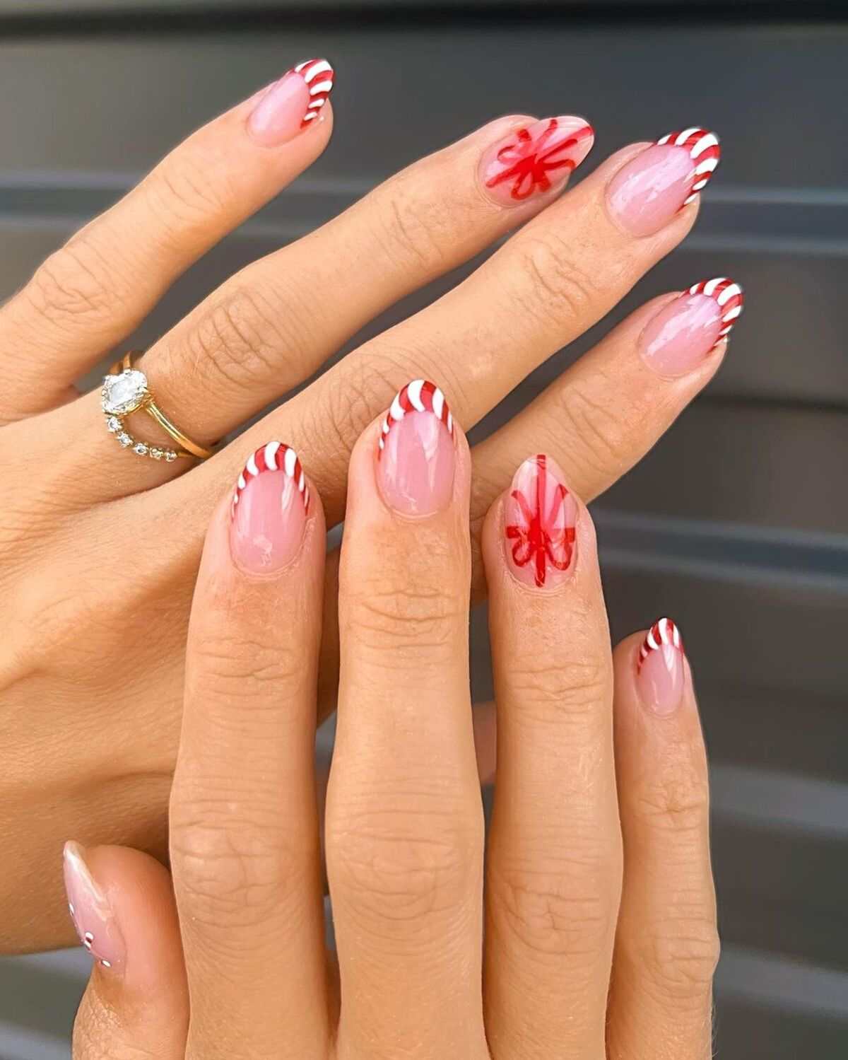 Candy Cane Tip Bow Almond Nails