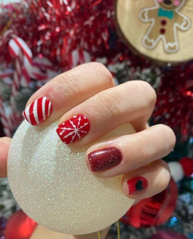 Candy Cane Twist Snowflake Mickey Disney Nails