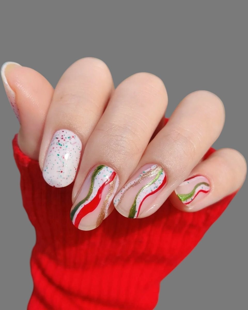 Candy Ribbon Glitter Wave Nails