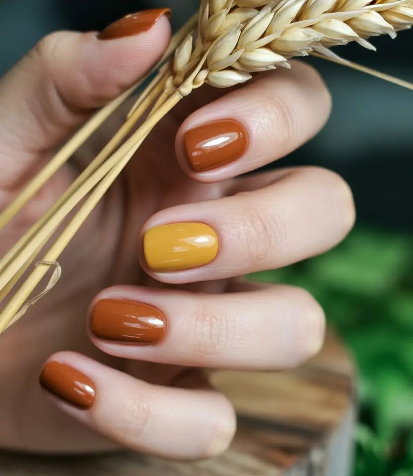 Caramel Brown And Mustard Yellow Short Square Fall Nails