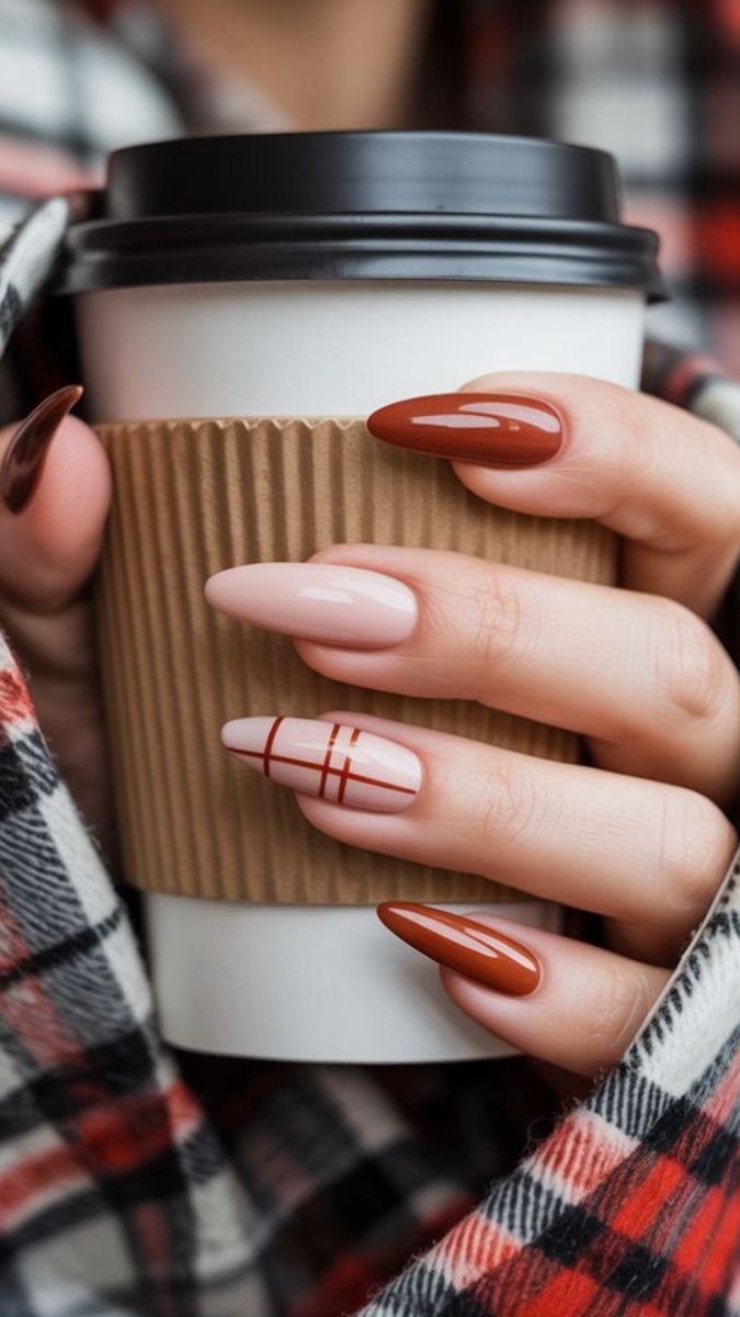 Caramel Brown And Plaid Line Art Fall Almond Nails