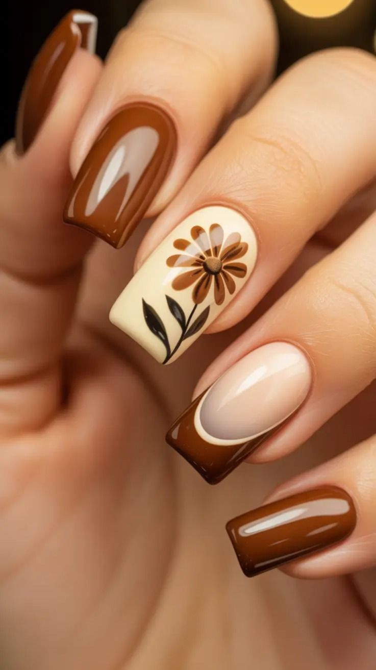Caramel Brown Daisy Floral French Tip Fall Nails