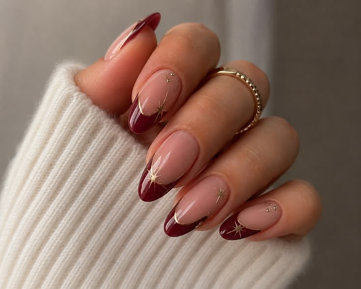 Celestial Burgundy French Tips Nails