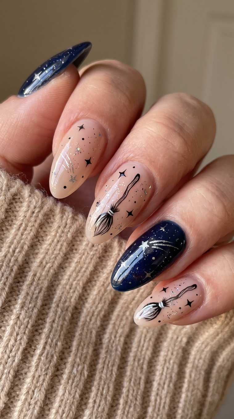 Celestial Galaxy And Witch Broom Witchy Halloween Nails