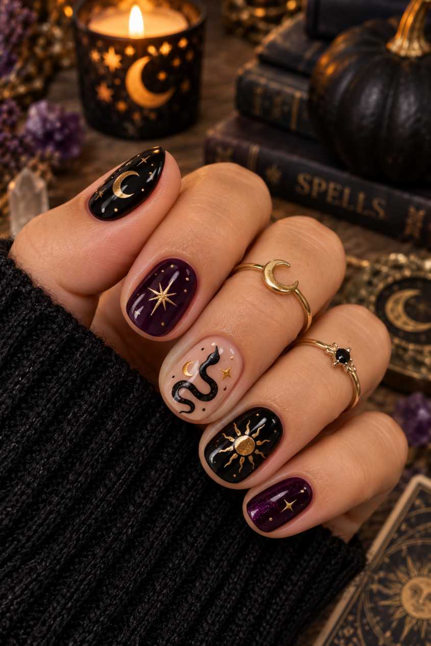 Celestial Gold Sun Moon And Snake Witchy Halloween Nails